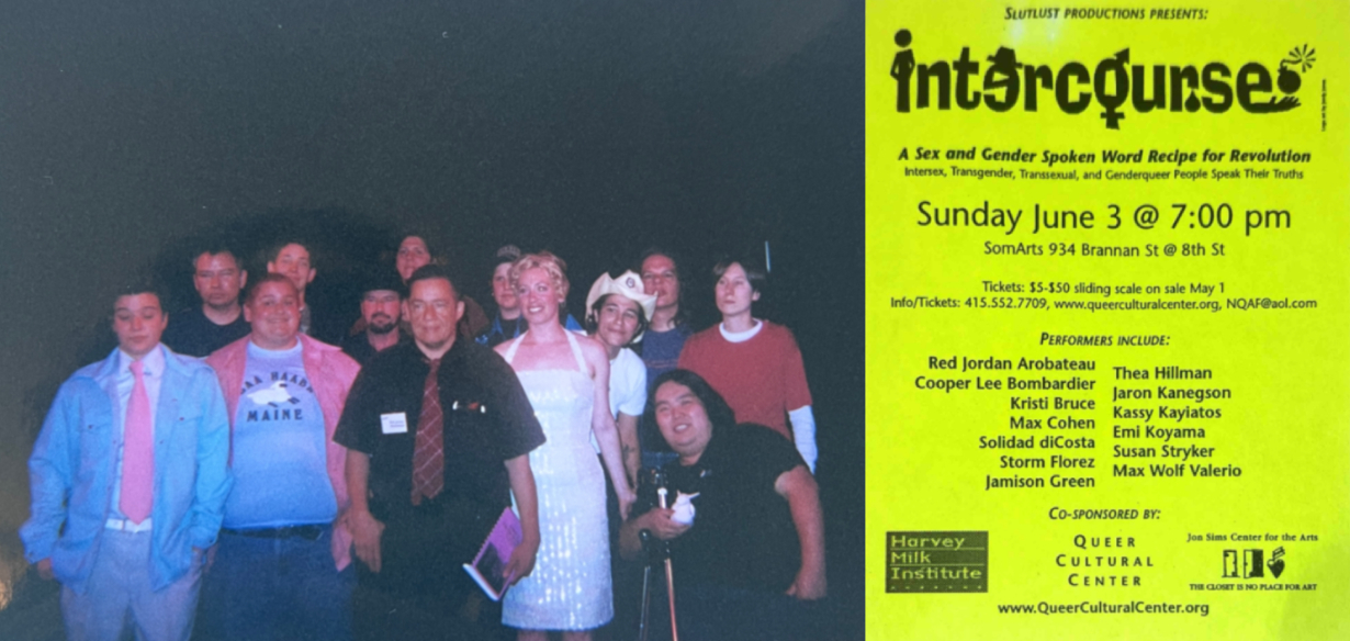 Cast photo from the show, saved as a developed photo, alongside a neon green photocopied flyer for the production
