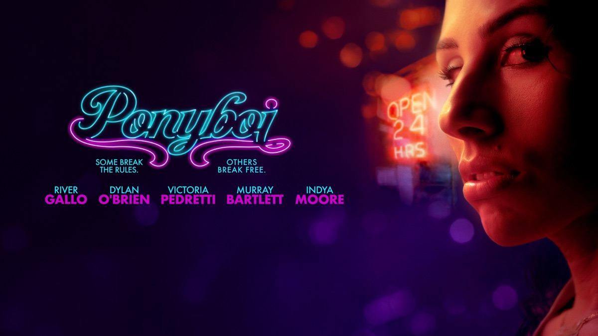Theatrical poster image for Ponyboi, River's face in dark lighting on a deep purple background with the Ponyboi logo, a neon sign from a vintage laundromat window