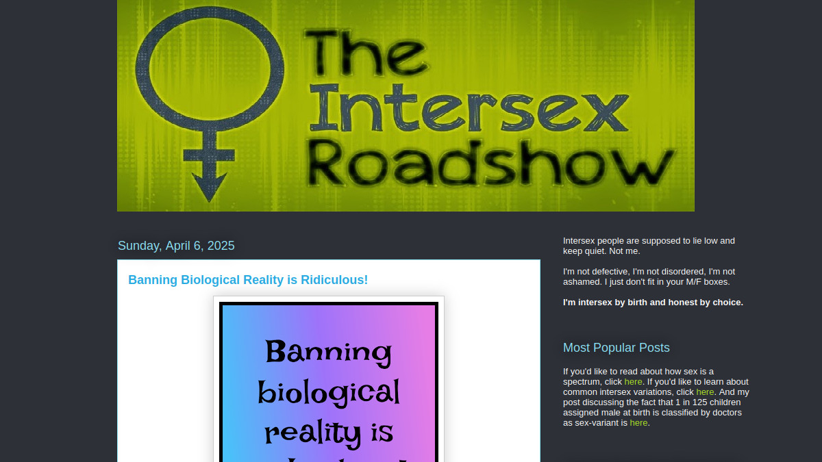 Screenshot of the blog homepage, a lime green header with the title and the symbol for male/female gender with both lines on it