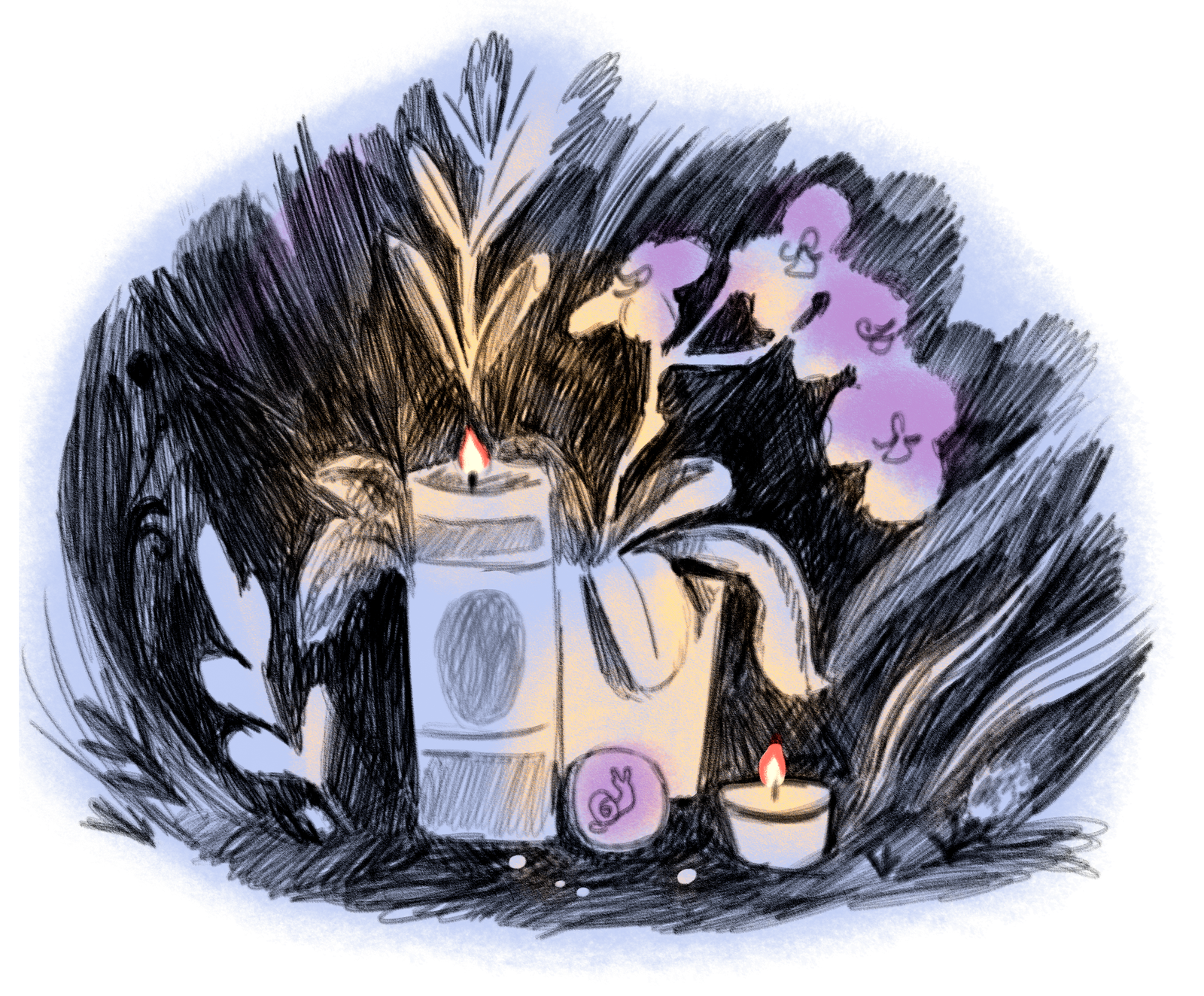 Illustration of a small altar at night: a tall candle, short candle, orchid plant, and pin button featuring a snail modeled after the drawings of Emi Koyama