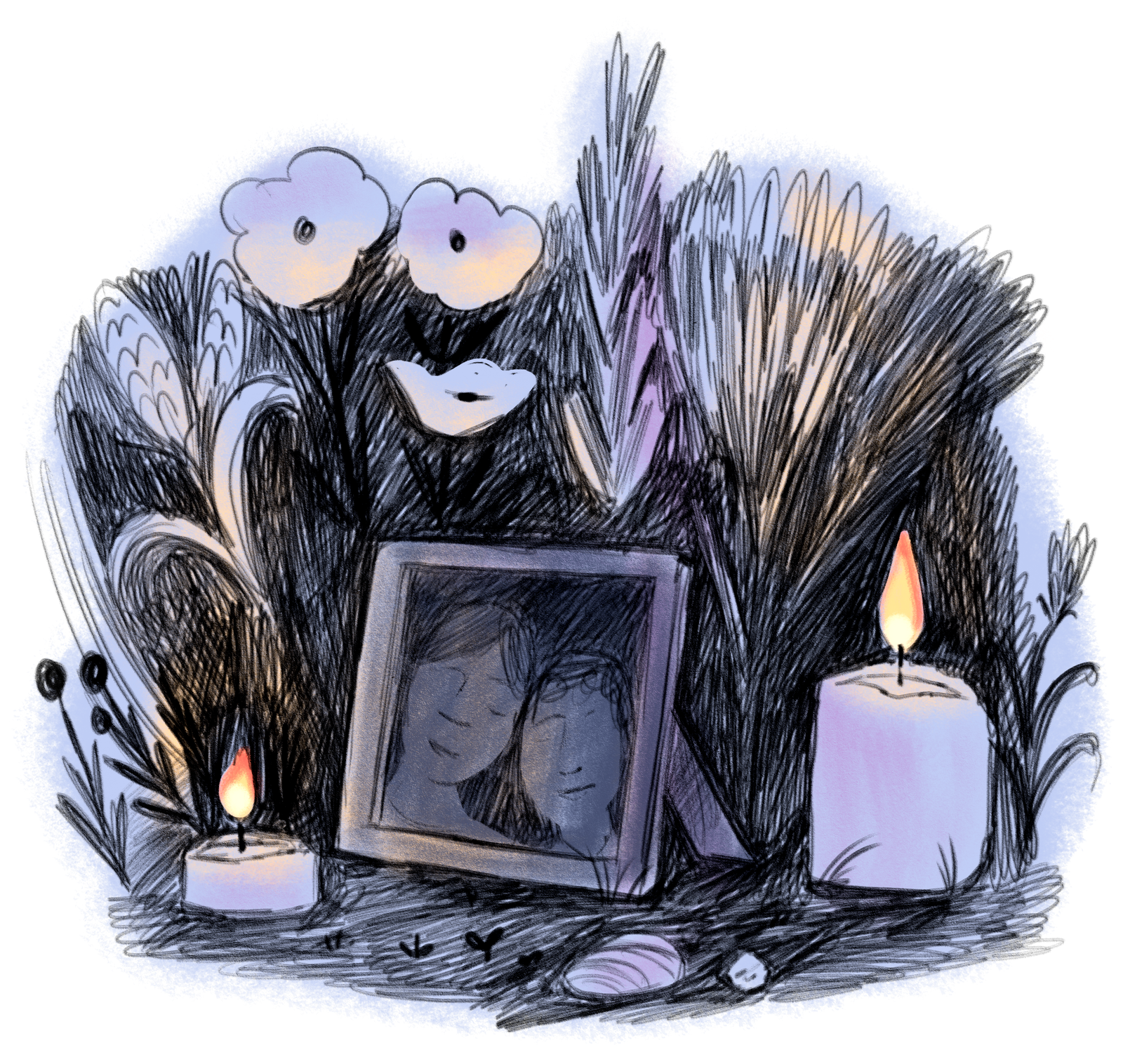 Illustration of a small altar at night: two candles, plants and pebbles, and a photo frame with two blurred faces