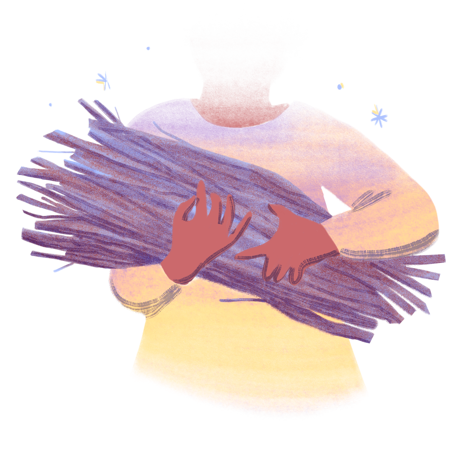 Illustration of arms wrapped around a bundle of firewood