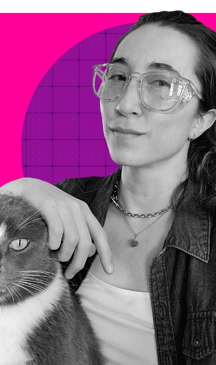 Hans's headshot. A white femme with long hair and thick-rimmed glasses resting a hand on a cat's head.