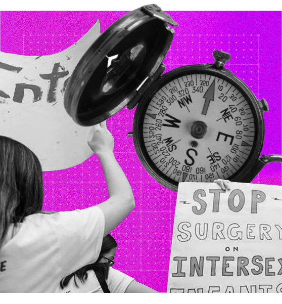 Collage image of a compass and an intersex protest outside a hospital.